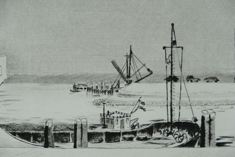 Camille COMBE : Harlingen, à quai, Gravure originale signée