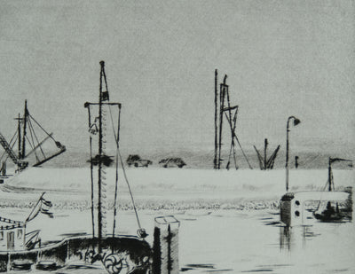 Camille COMBE : Harlingen, à quai, Gravure originale signée