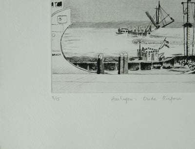 Camille COMBE : Harlingen, à quai, Gravure originale signée