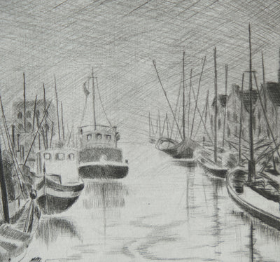 Camille COMBE : Harlingen, avant l'orage, Gravure originale signée