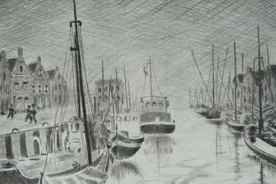 Camille COMBE : Harlingen, avant l'orage, Gravure originale signée
