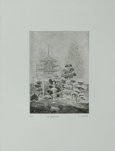 Camille COMBE : La pagode, Gravure originale signée