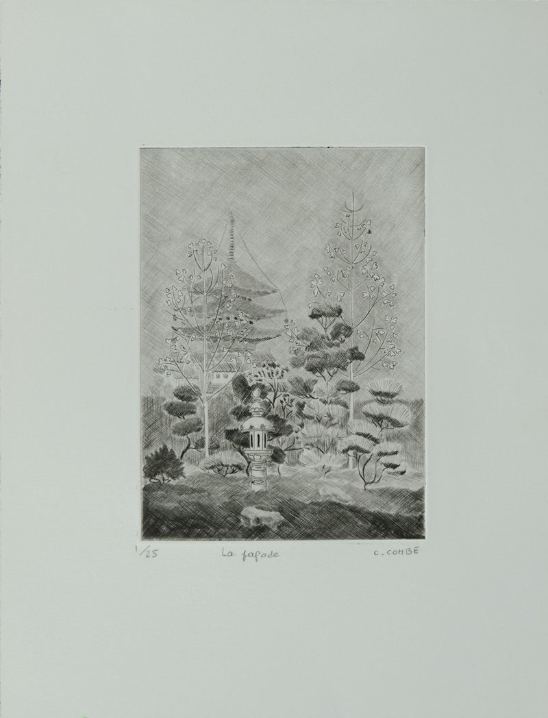 Camille COMBE : La pagode, Gravure originale signée