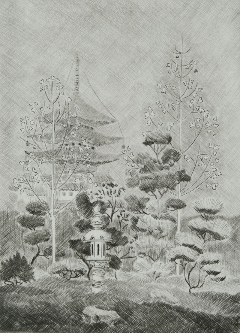 Camille COMBE : La pagode, Gravure originale signée