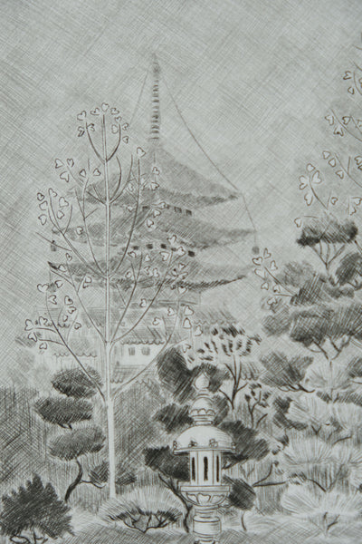 Camille COMBE : La pagode, Gravure originale signée