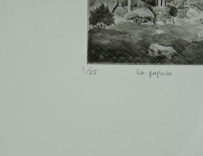 Camille COMBE : La pagode, Gravure originale signée