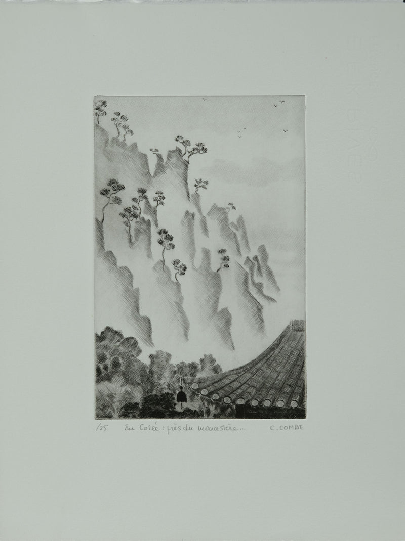 Camille COMBE : En Corée, près du Monastère, Gravure originale signée