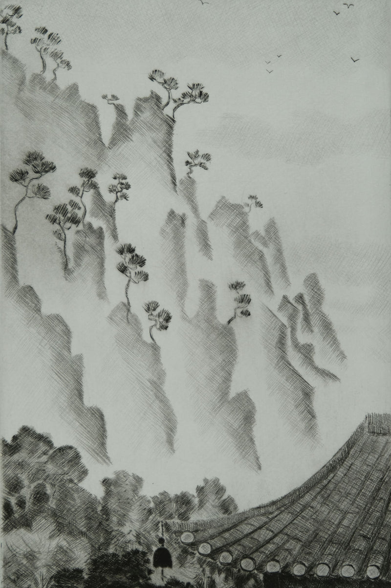 Camille COMBE : En Corée, près du Monastère, Gravure originale signée