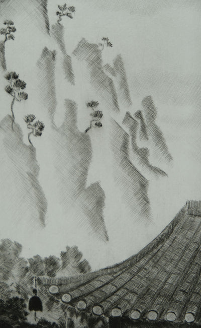 Camille COMBE : En Corée, près du Monastère, Gravure originale signée