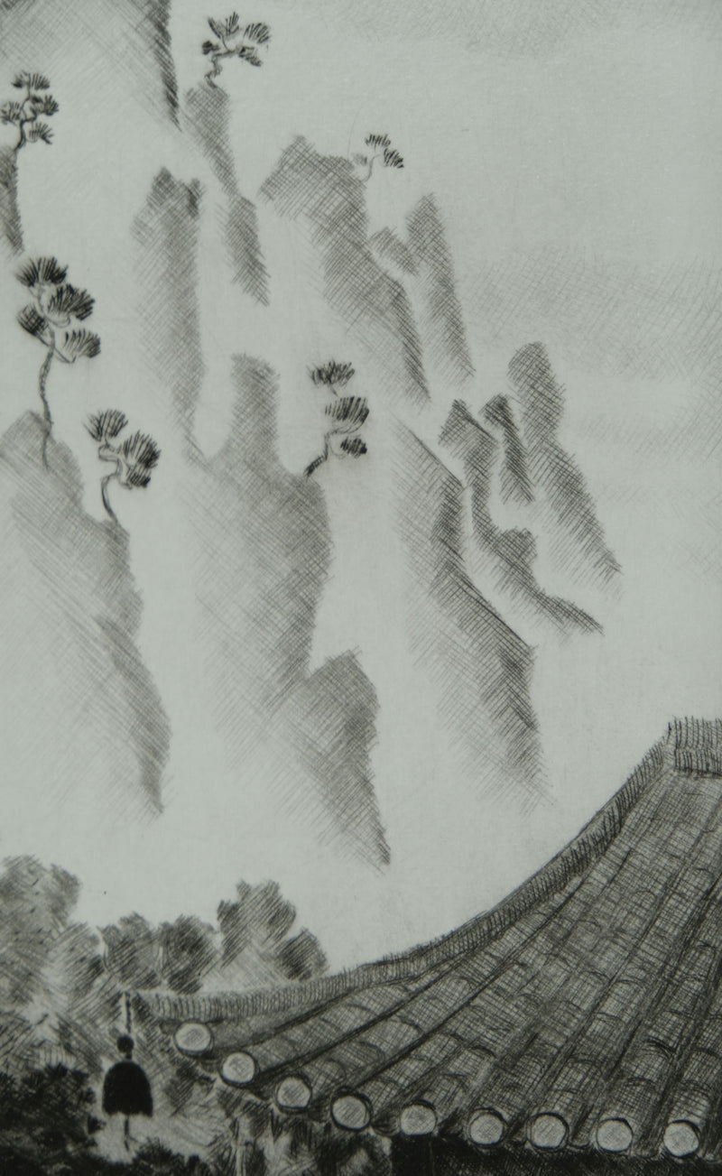 Camille COMBE : En Corée, près du Monastère, Gravure originale signée