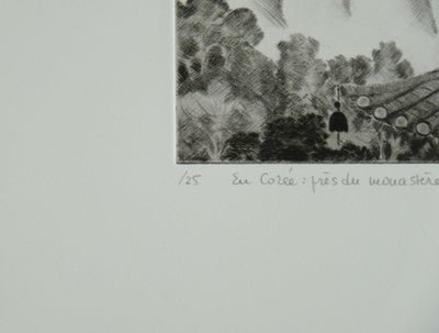 Camille COMBE : En Corée, près du Monastère, Gravure originale signée