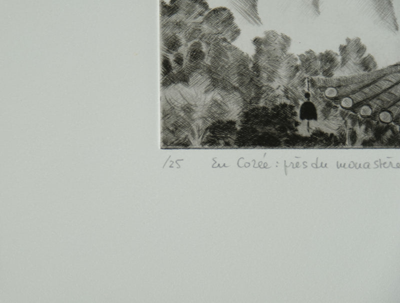 Camille COMBE : En Corée, près du Monastère, Gravure originale signée