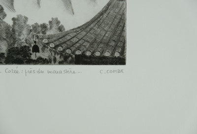 Camille COMBE : En Corée, près du Monastère, Gravure originale signée