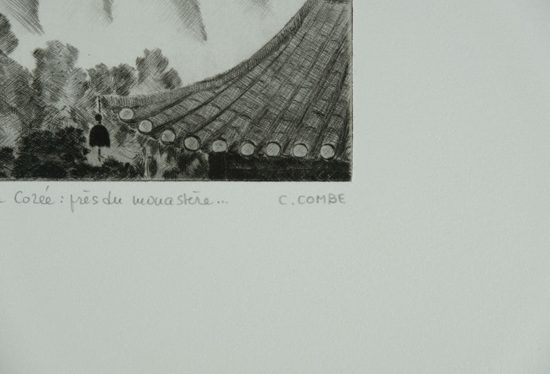 Camille COMBE : En Corée, près du Monastère, Gravure originale signée