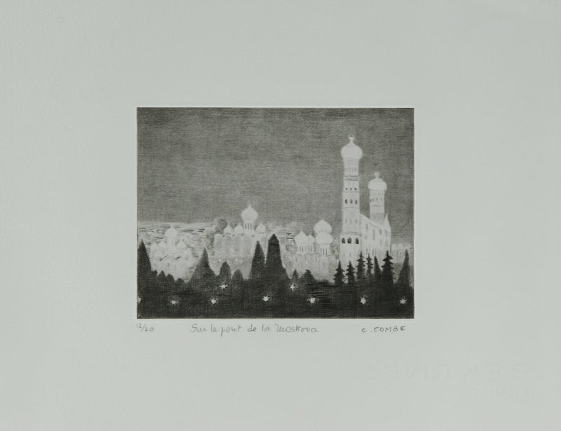 Camille COMBE : Sur le pont de la Moskova, Gravure originale signée