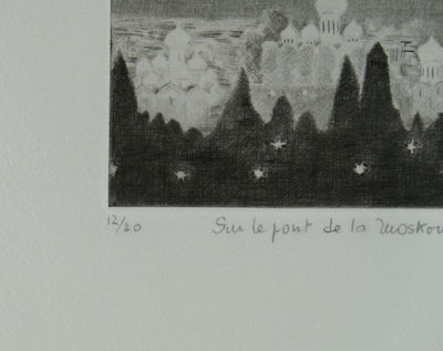 Camille COMBE : Sur le pont de la Moskova, Gravure originale signée
