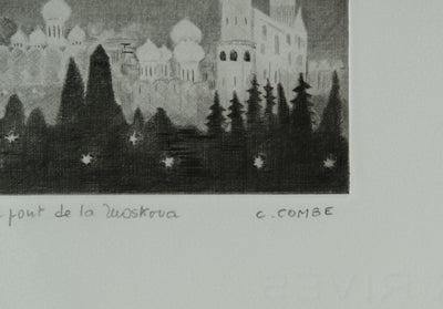 Camille COMBE : Sur le pont de la Moskova, Gravure originale signée