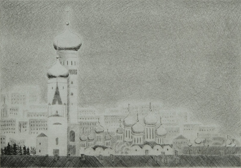 Camille COMBE : Moscou par dessus les toits, Gravure originale signée