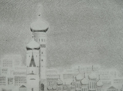 Camille COMBE : Moscou par dessus les toits, Gravure originale signée