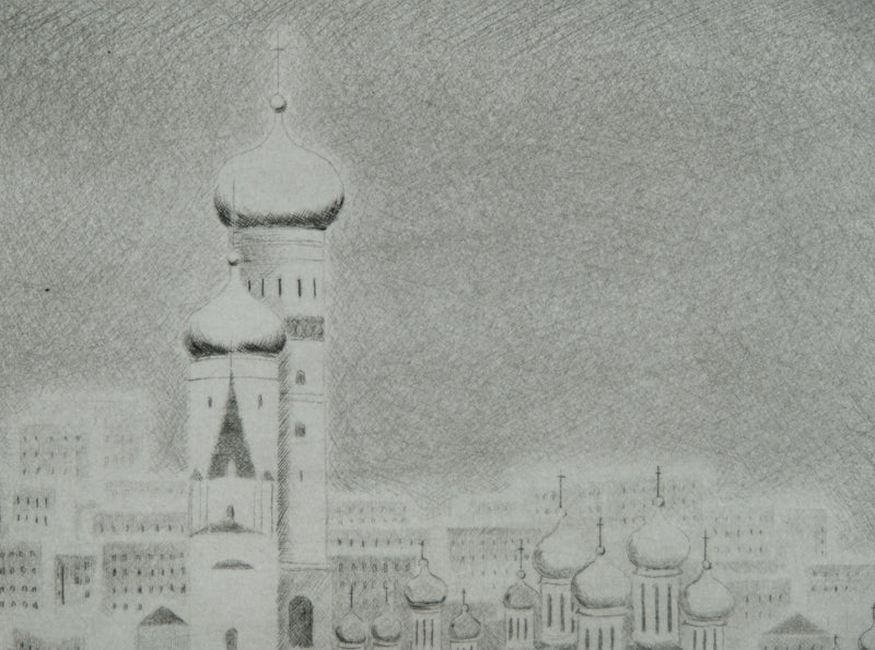 Camille COMBE : Moscou par dessus les toits, Gravure originale signée