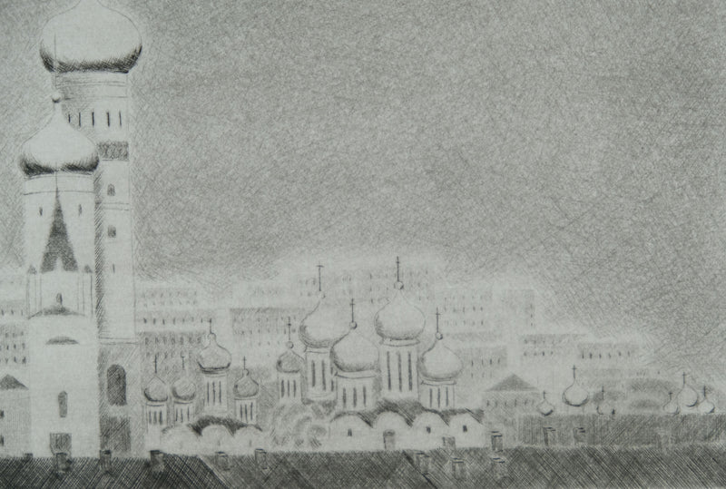 Camille COMBE : Moscou par dessus les toits, Gravure originale signée