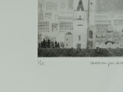 Camille COMBE : Moscou par dessus les toits, Gravure originale signée