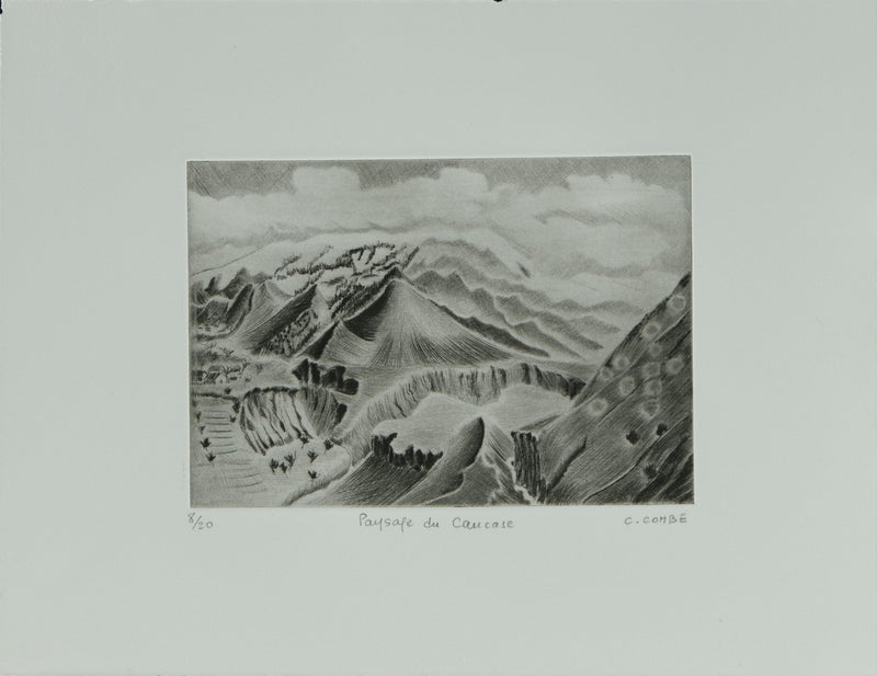 Camille COMBE : Paysage du Caucase, Gravure originale signée