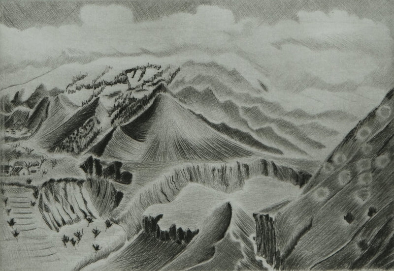 Camille COMBE : Paysage du Caucase, Gravure originale signée