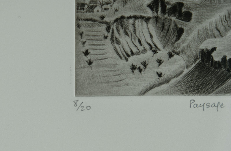 Camille COMBE : Paysage du Caucase, Gravure originale signée