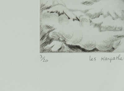 Camille COMBE : Les Karpathes par le hublot, Gravure originale signée