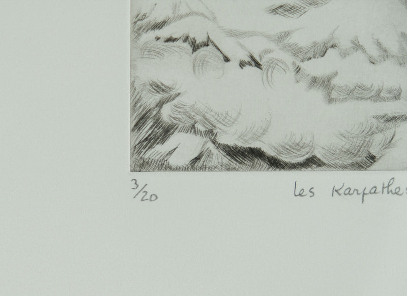 Camille COMBE : Les Karpathes par le hublot, Gravure originale signée