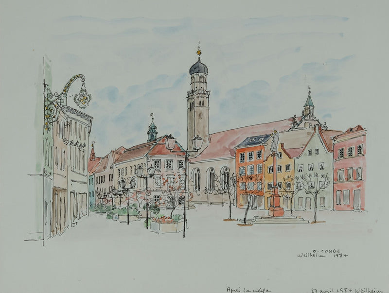 Camille COMBE : La place fleurie, Dessin original signé