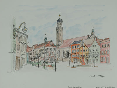 Camille COMBE : La place fleurie, Dessin original signé