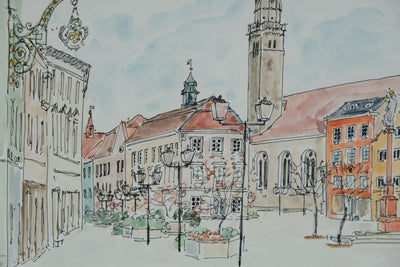 Camille COMBE : La place fleurie, Dessin original signé