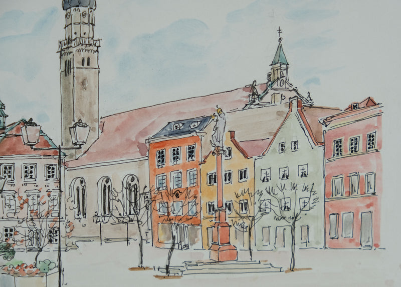 Camille COMBE : La place fleurie, Dessin original signé