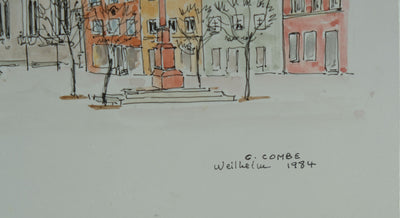 Camille COMBE : La place fleurie, Dessin original signé