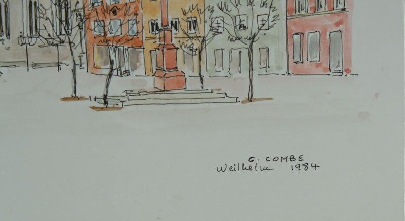Camille COMBE : La place fleurie, Dessin original signé
