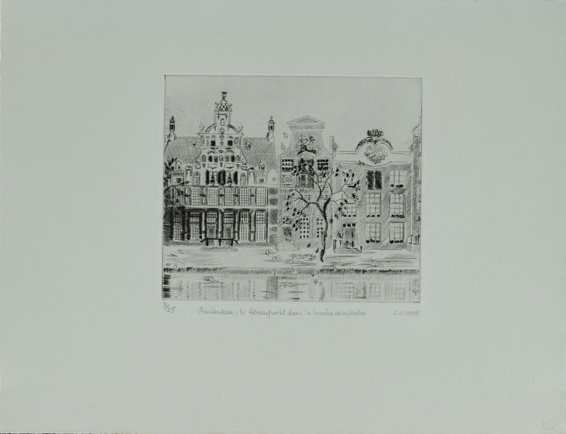 Camille COMBE : Amsterdam, le Herengracht dans la lumière de septembre, Gravure originale signée