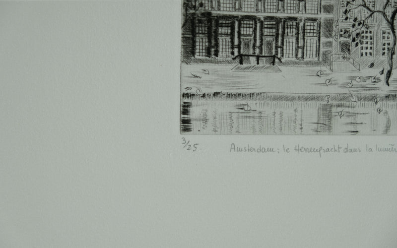 Camille COMBE : Amsterdam, le Herengracht dans la lumière de septembre, Gravure originale signée