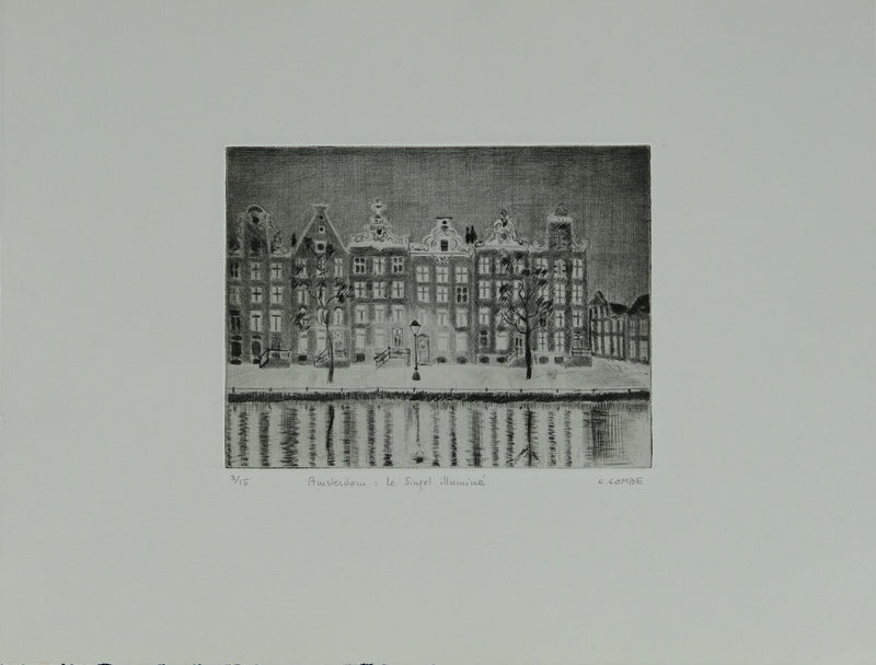 Camille COMBE : Amsterdam, le Singel illuminé, Gravure originale signée