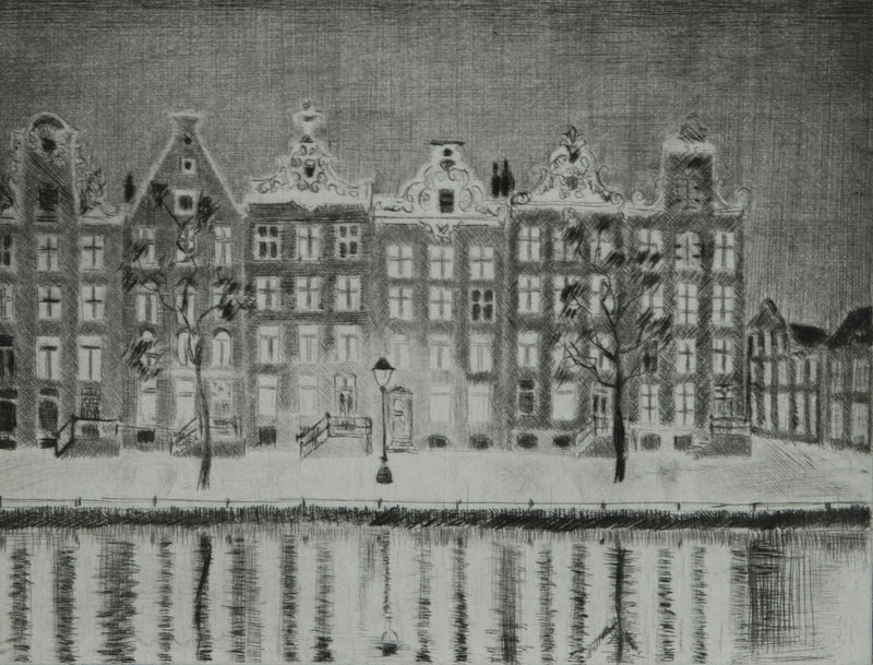 Camille COMBE : Amsterdam, le Singel illuminé, Gravure originale signée
