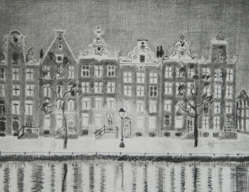 Camille COMBE : Amsterdam, le Singel illuminé, Gravure originale signée