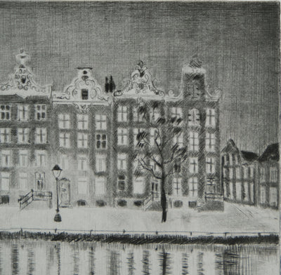 Camille COMBE : Amsterdam, le Singel illuminé, Gravure originale signée