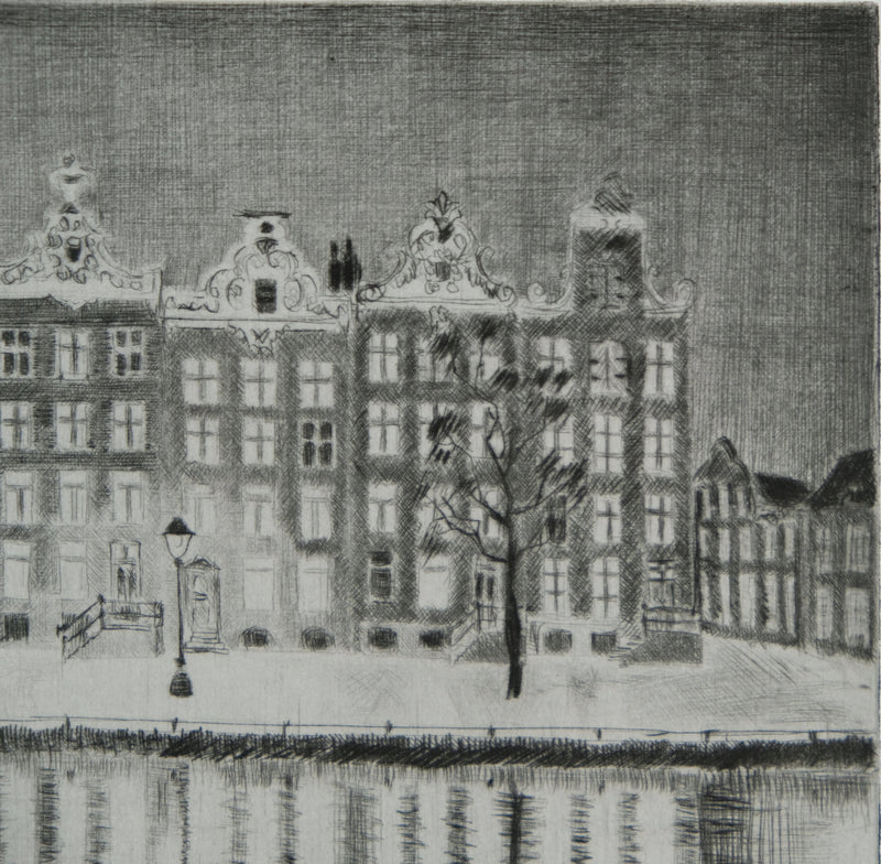 Camille COMBE : Amsterdam, le Singel illuminé, Gravure originale signée