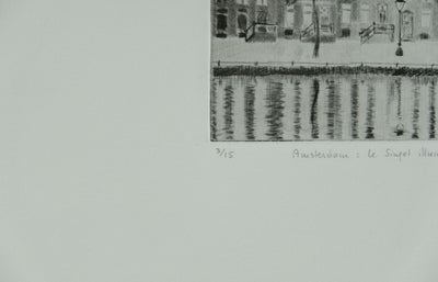 Camille COMBE : Amsterdam, le Singel illuminé, Gravure originale signée