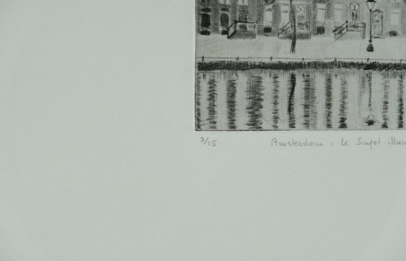 Camille COMBE : Amsterdam, le Singel illuminé, Gravure originale signée