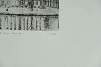 Camille COMBE : Amsterdam, le Singel illuminé, Gravure originale signée
