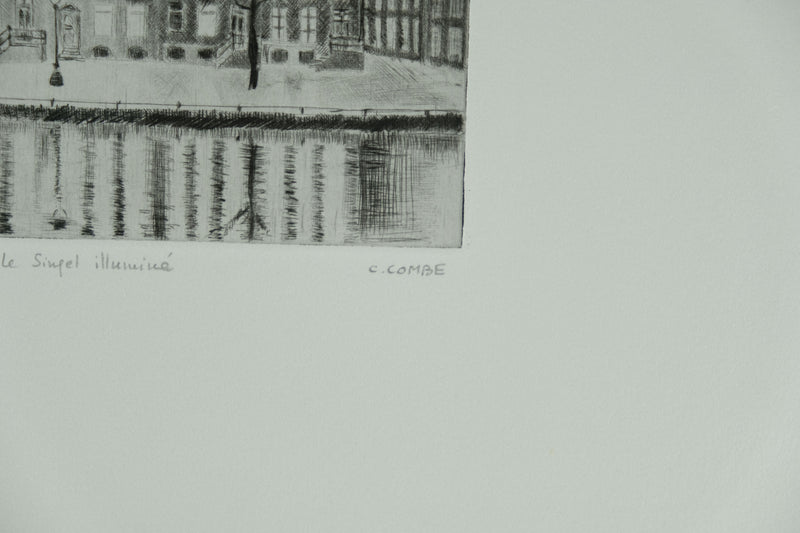 Camille COMBE : Amsterdam, le Singel illuminé, Gravure originale signée