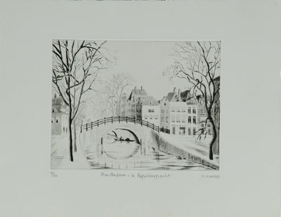 Camille COMBE : Amsterdam, Le Reguliersgracht, Gravure originale signée