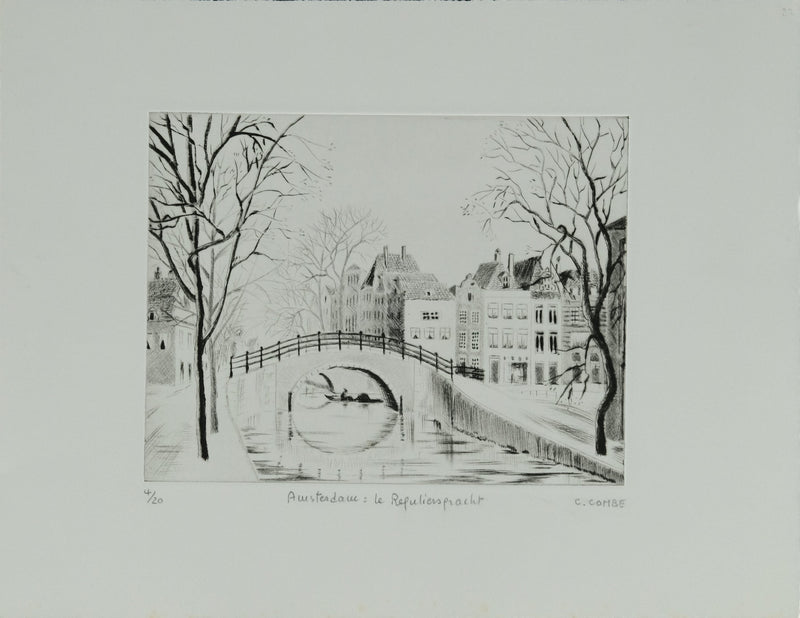 Camille COMBE : Amsterdam, Le Reguliersgracht, Gravure originale signée